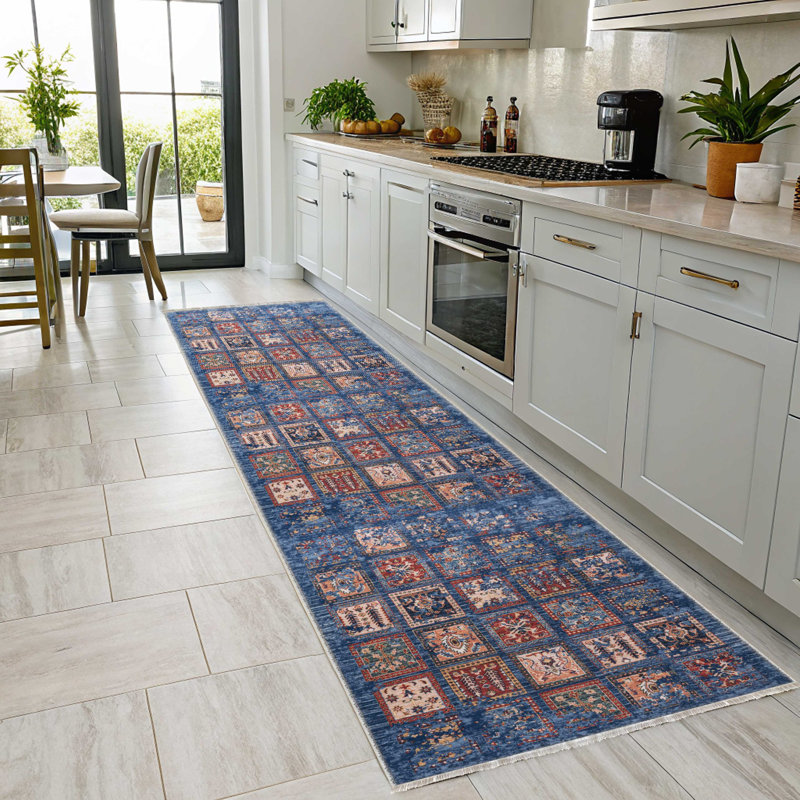Kilim anti-dérapant bleu en coton chenille multicolore, Rectangle 2 pi 8 po x 11 pi 6 po