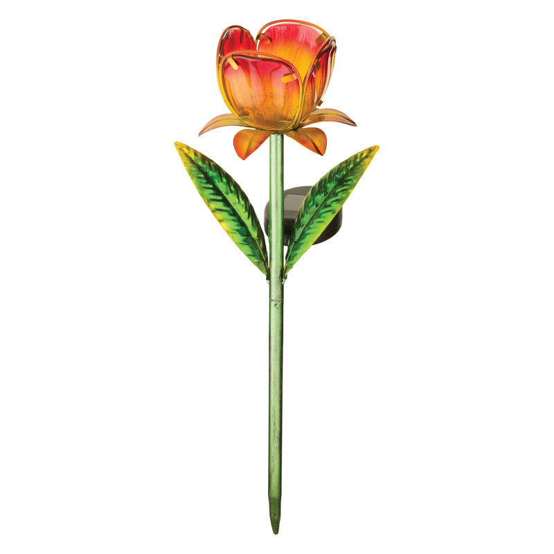 Mini Solar Garden Stake with Hand-Painted Glass Yellow Tulip