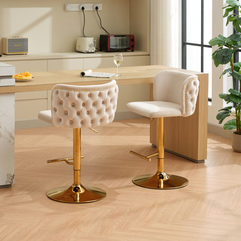 Swivel Barstools Adjusatble Seat Height With Gold-plating Base, Gold, Beige