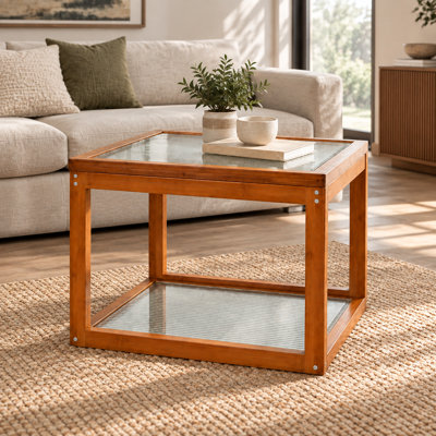 Small Square Coffee Table With 2-Tier Storage Bamboo And Fluted Glass