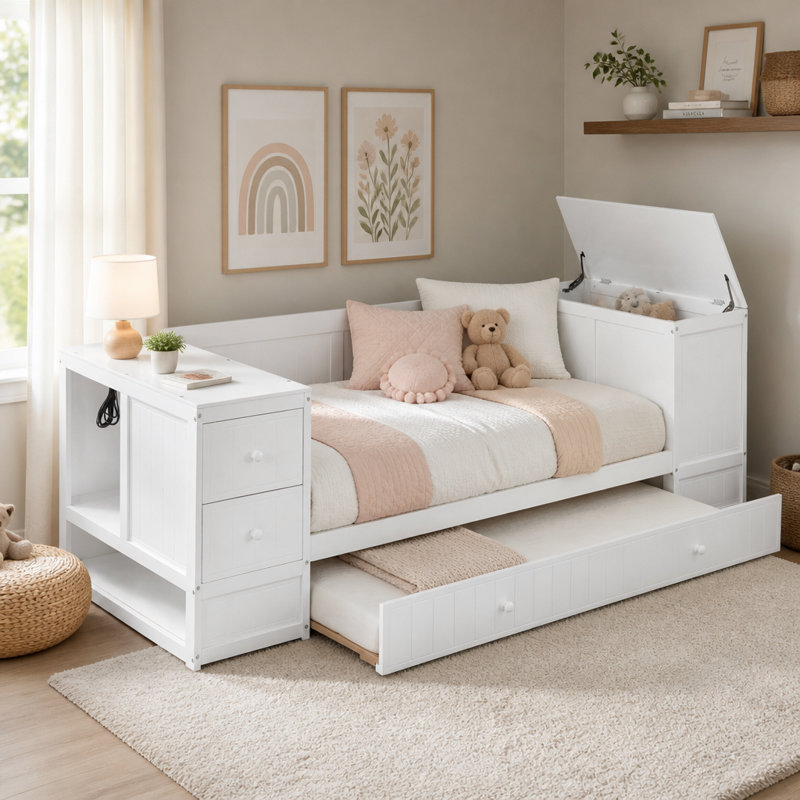 Lit de jour simple avec accoudoirs de rangement, lit gigogne et station de charge, blanc, Blanc