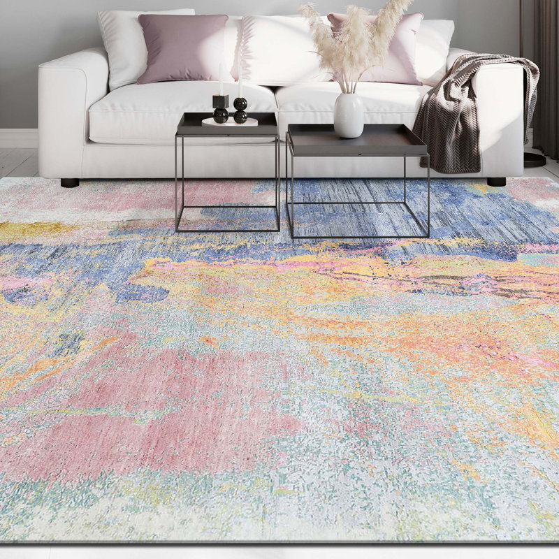 Tapis bleu / chameau de haute qualité noué à la main, Rectangle 6 pi x 9 pi