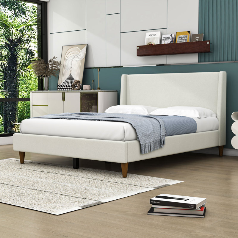 Lit plateforme en velours avec tête de lit et lattes Elegant, Grand lit, White