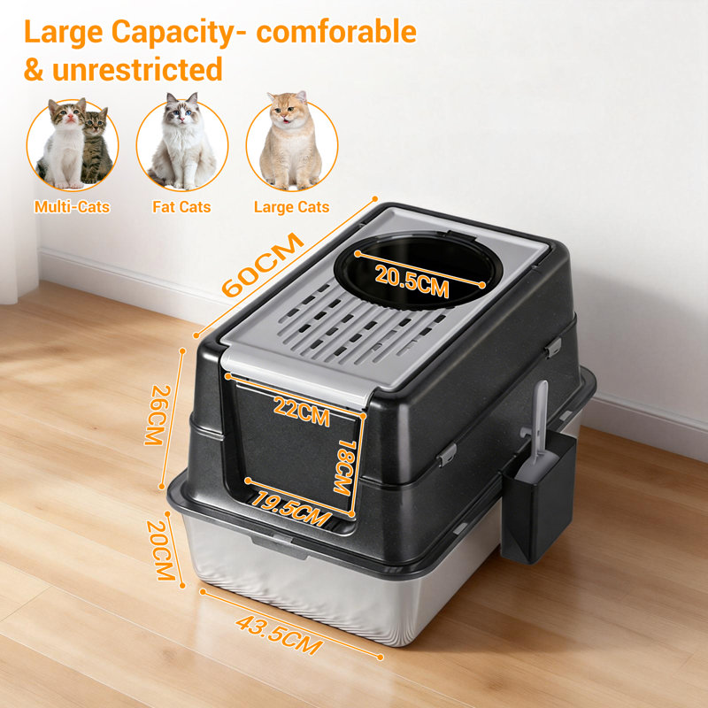 Spacieuse litière pour chat en acier inoxydable, Noir