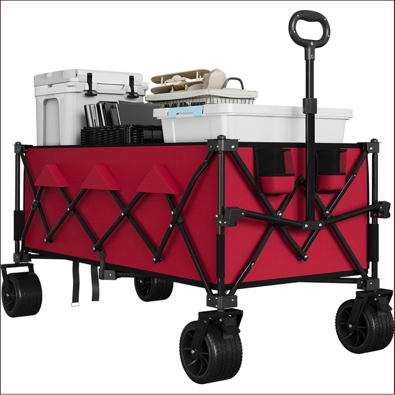 Heavy Duty Foldable Wagon for Beach, Extra Large Collapsible Foldable Wagon for Camping, All Terrain Beach Wagons Extended with Cup Holders for Sand