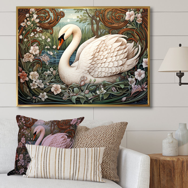Cygnes majestueux, horizon sur toile, Cadre flottant doré, H 16 po x l 32 po x P 1 po