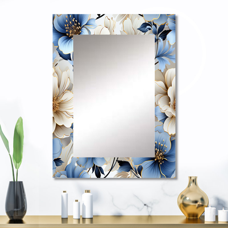 Zadia Blue And White Floral Dream Pattern - Floral Wall Mirror, Cottage Decorative Mirror, Printed Metal Art, 32" x 24"