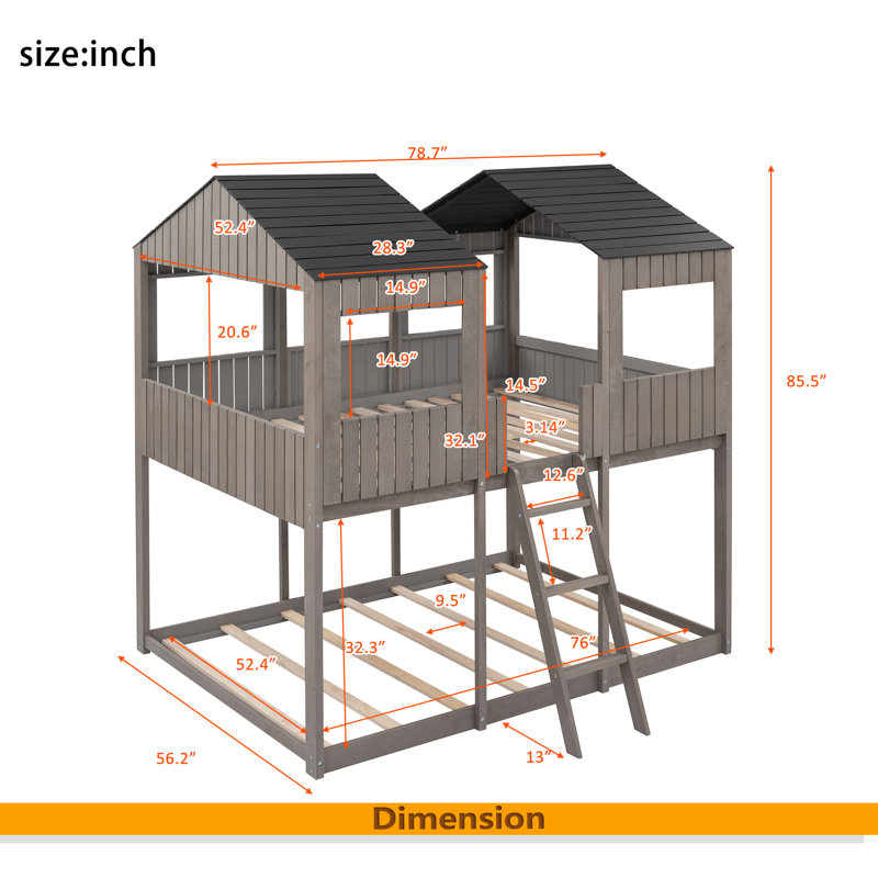 Full Over Full Woodbunk Bed With Roof, Window, Guardrail, Ladder, Antique Gray