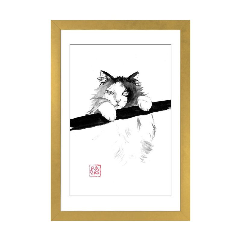 Chat japonais, reproduction d'art encadrée, papier d'art encadré, 32" x 24", Framed Paper, Gold