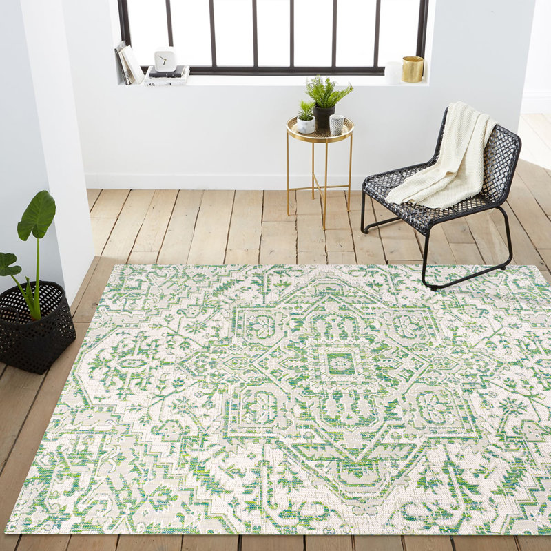 Truman Bohemian Medallion Textured Weave Green/Cream Indoor/Outdoor Rug, Rectangle 9' x 12'