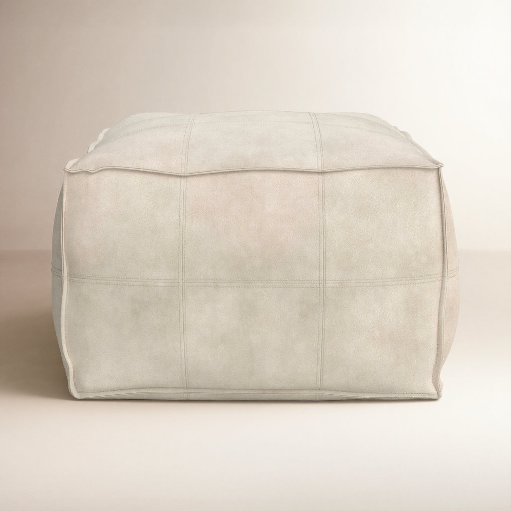 Shara 28" Genuine Leather Pouffe, Gray Genuine Leather