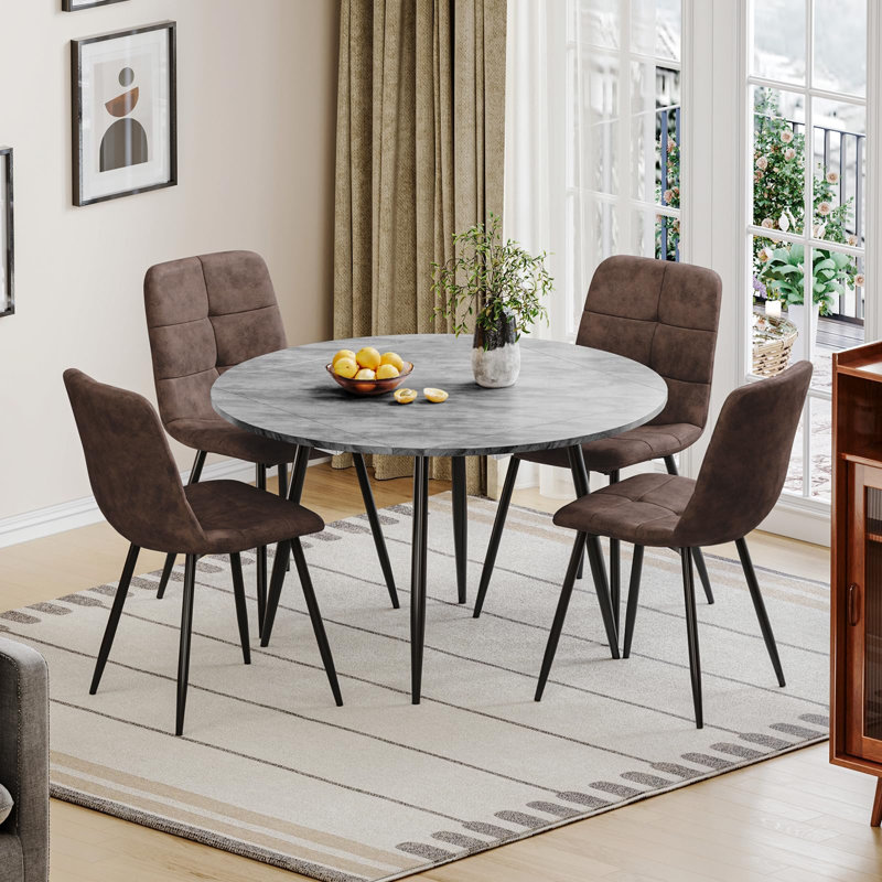 Dining Table And Chairs Set Of 4, Extendable Round Marble Effect Folding Table With Upholstered Tech Fabric Chairs For Dining Room,Kitchen