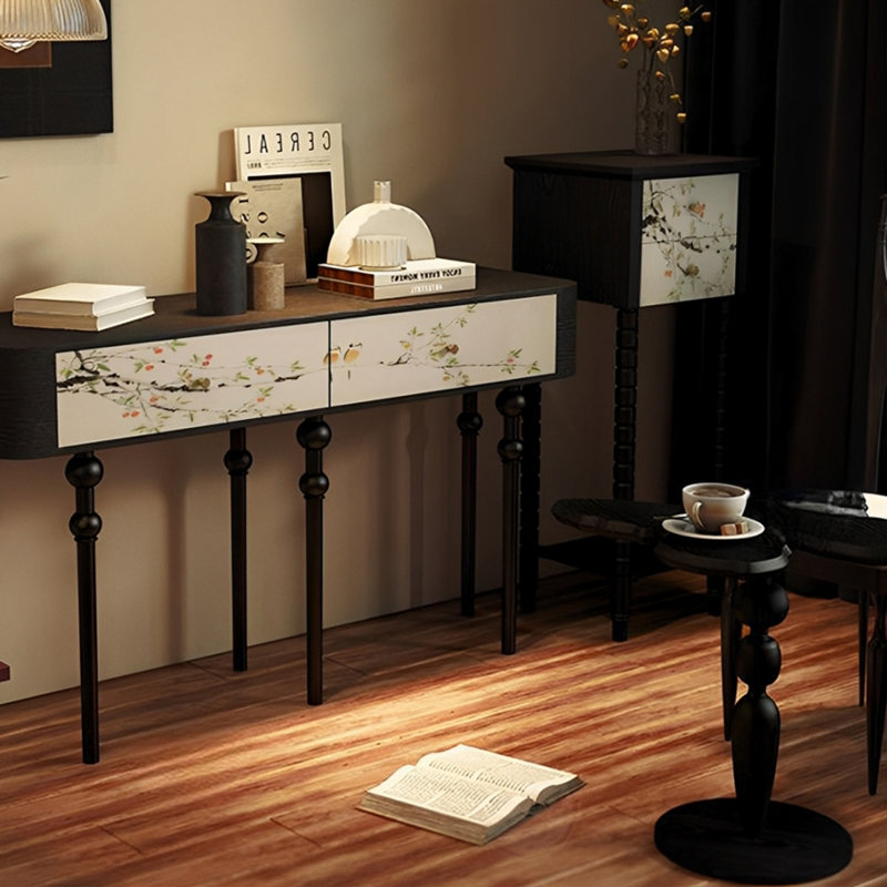 Console rétro avec 2 tiroirs, Noir, noir, noir, noir
