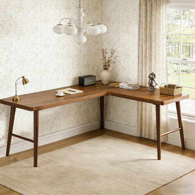 Bureau de coin en bois de pin massif en forme de L noyer