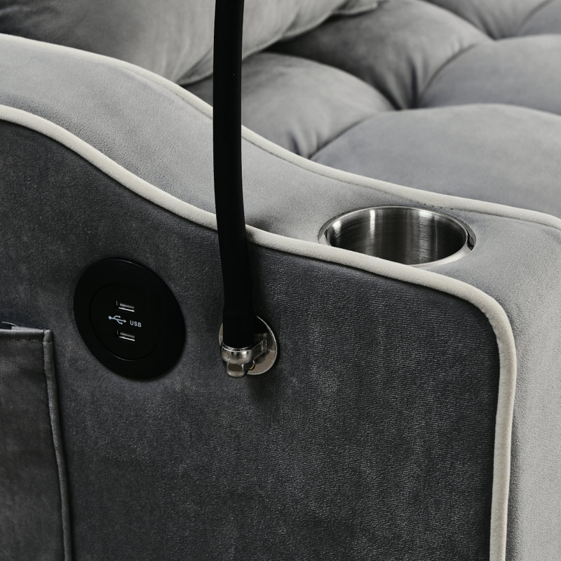 Lit escamotable en velours, dossier réglable et avec port USB, Gris