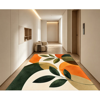 Tapis en velours à motifs géométriques abstraits modernes, orange, vert et beige, avec dos antidérapant. Décoration artistique de plancher pour salon, chambre, entrée, cuisine, appartement.