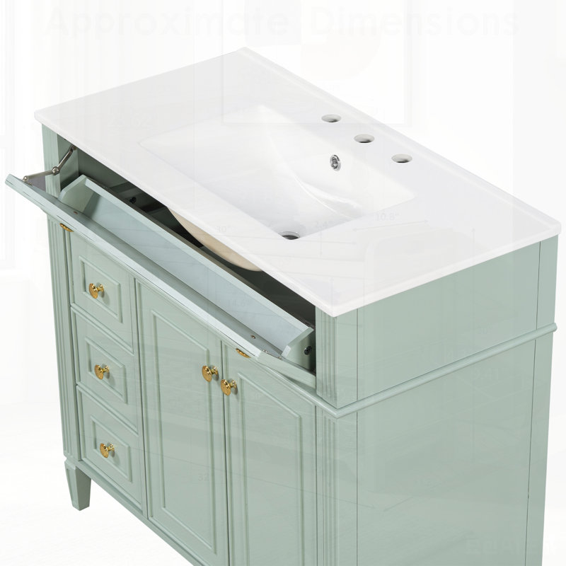 Meuble-lavabo de salle de bain avec lavabo, armoire en bois massif vert, tiroir rabattable, portes à fermeture en douceur, poignées dorées, design moderne
