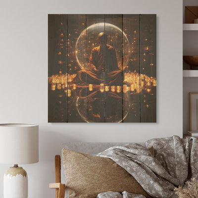 «Enlightenment Glow I» - Art mural sur bois de pin bouddhisme naturel