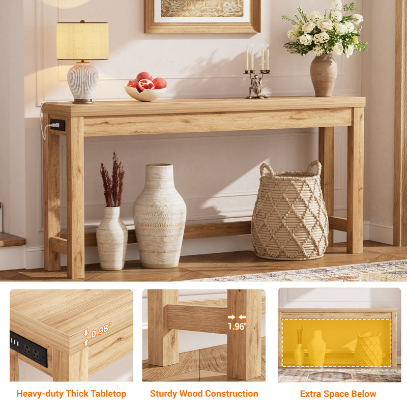 63 Inch Console Table with 3 Outlets, Natural, Natural