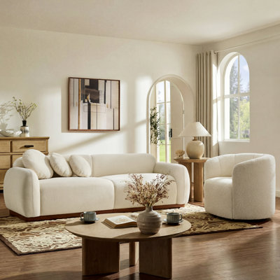 2-piece Beige Living Room Set: 90" Chenille Sofa With Pillows & 360° Swivel Bouclé Accent Chair