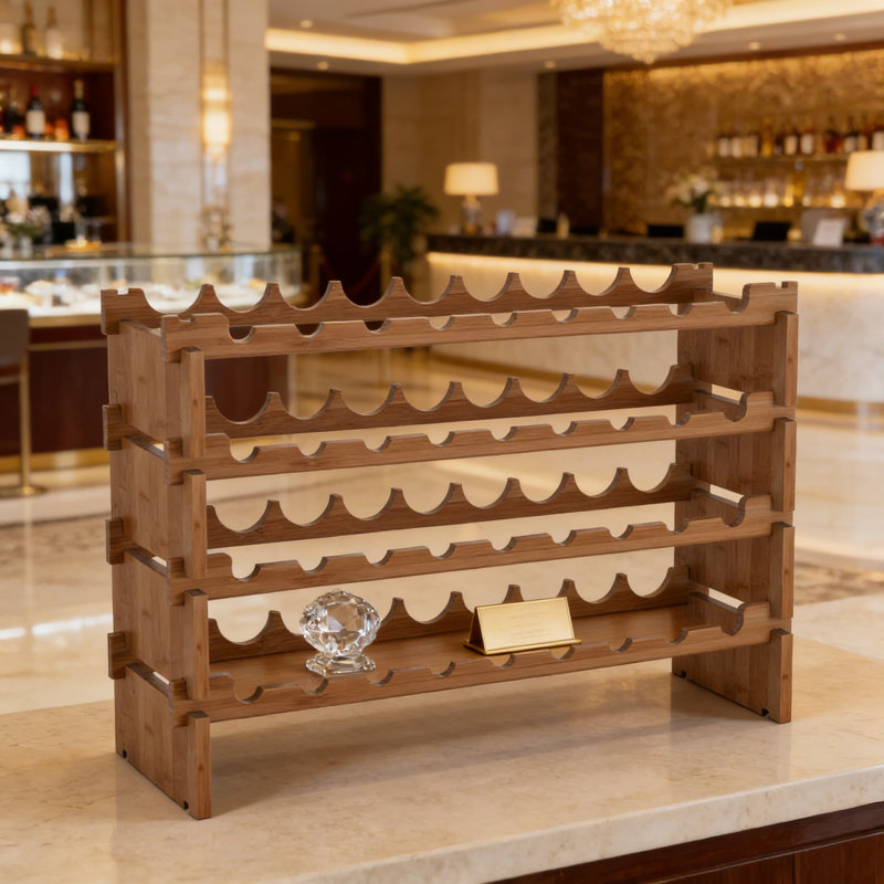 Support à vin empilable en bois avec capacité de 36 bouteilles, conception modulaire à 4 niveaux pour un rangement sécurisé et une présentation peu encombrante