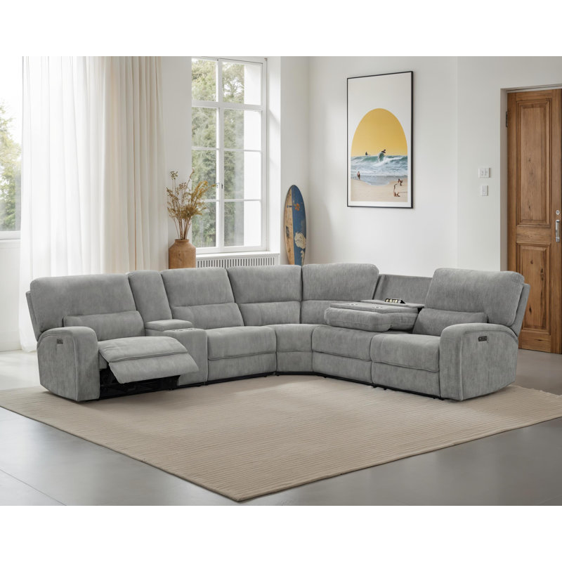 Anthony 114"W Light Gray Chenille Fabric Power Reclining Sectional Sofa with Storage Console and USB Ports – Oversized Modular Recliner Sofa with Cup Holders