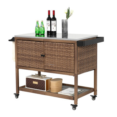 Outdoor Wicker Bar Cart, Patio Wine Serving Cart W/Wheels, Rolling Rattan Beverage Bar Counter Table W/Glass Top For Porch Backyard Garden Poolside Party