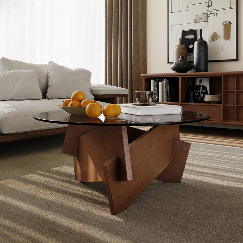 Table basse ronde moderne pour le salon - centre Mid-Century, plateau en verre trempé de 35,4 po x 35,4 po x 14,7 po pour salon, table basse avec placage en bois massif