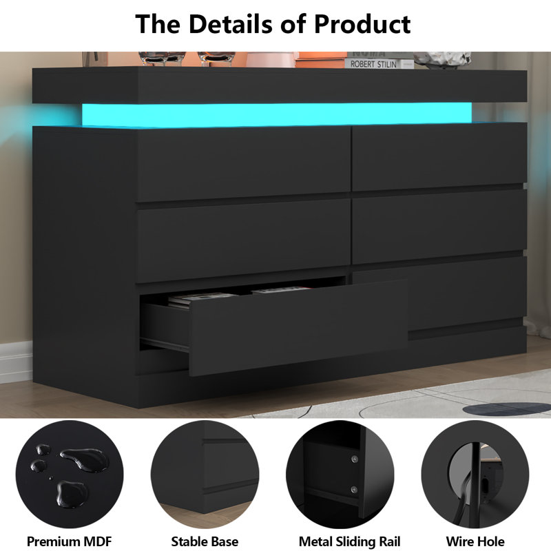 Commode 6 tiroirs pour chambre à coucher avec prise de courant et lumières DEL