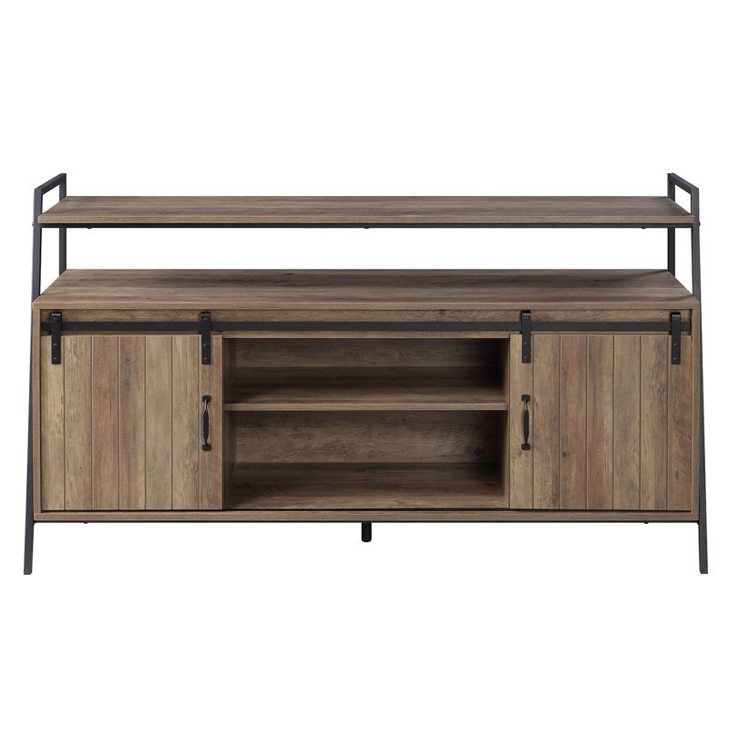 60-Inch Tv Stand With Sliding Barn Doors, Rustic Oak Finish And Black Metal Frame, 6 Compartments, 1 Open Shelf, Ideal For 50 - 59 Inch Tvs In Primary Living Settings Frame Finish, Storage