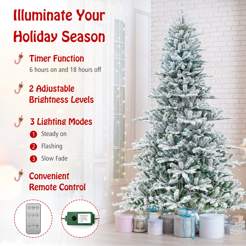 8 pi Arbre de Noël floqué avec télécommande à lumière blanche, 8'