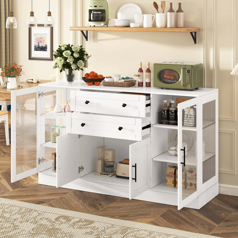 Buffet moderne 58,3 po avec 4 portes, 2 tiroirs, prise de courant et panneaux en acrylique, Blanc