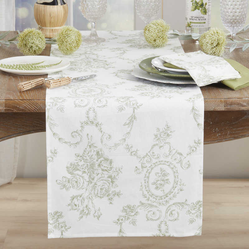 Vickrey Floral and Toile Linen Table Runner, 72" x 16", Olive