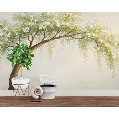 Papier peint aquarelle arbre qui pleure - Élégant art mural botanique peint à la main, décoration murale inspirée de la nature pour spa de chambre 706RS (Peel-N-Stick) RS706