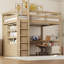 Lit mezzanine double en bois avec garde-robe intégrée, bureau, tablettes de rangement et tiroirs-923590836