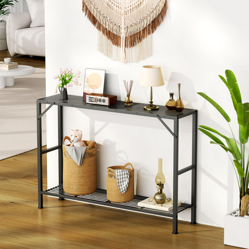 Oak Gray Narrow Console Table with Metal Frame and Storage Shelves