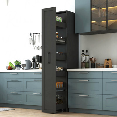 Black ,Large, Slim Storage Cart, Kitchen Rolling Cart, Narrow Storage Cabinet With Handle & Wheels, Wood Spice Rack Next To Fridge, Pantry Shelf For Kitchen, Small Spaces