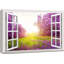Fenêtre, paysage, fleur mauve et prairie verte sous un soleil éclatant - impression sur toile tendue-98466573