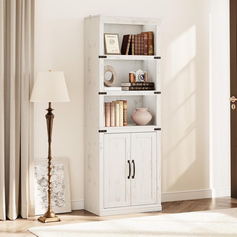 Teon 5 Tier Bookcase with Cabinet, Farmhouse BookShelf with Storage Doors, 68.7" Tall Wooden 5 Shelf Book Case for Home Office, Living Room