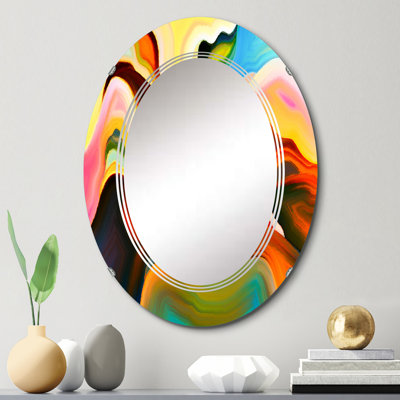 Rouge, bleu, jaune et marbre Art Universe I - miroir mural moderne ovale