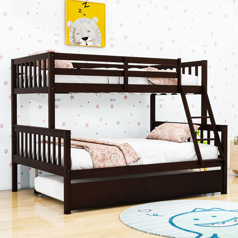 Lit superposé simple au-dessus de double en bois avec lit gigogne Kelyn, Espresso