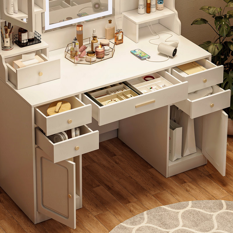 Grande coiffeuse avec miroir, avec 6 tiroirs et tablettes de rangement, bureau de commode