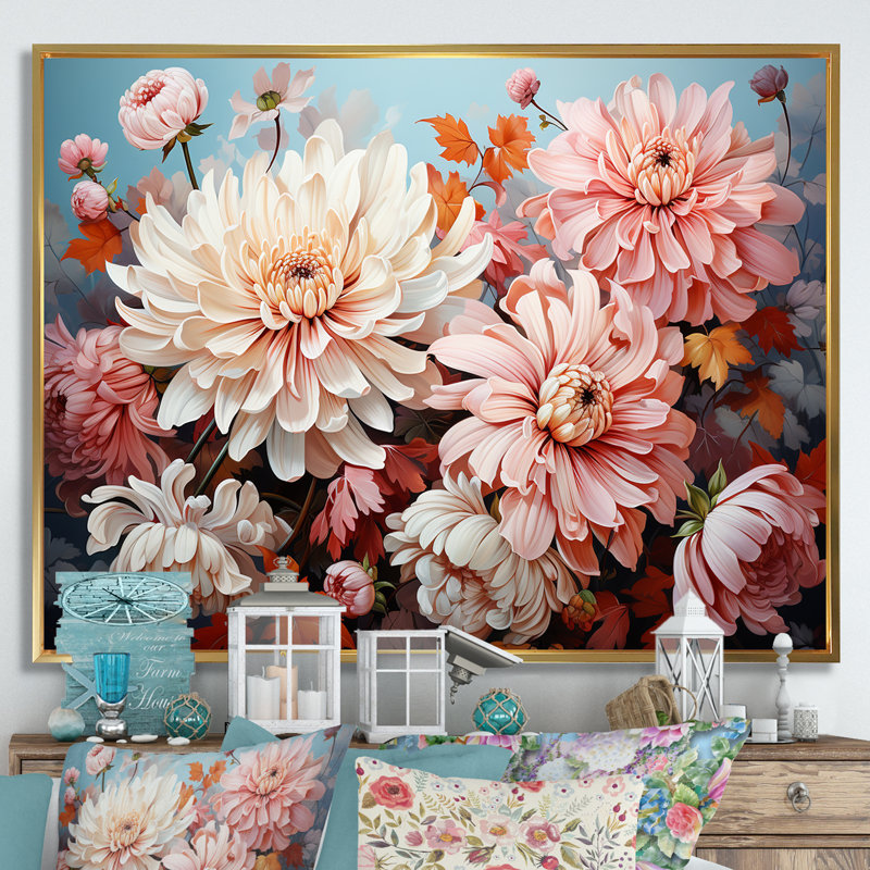Chrysanthèmes - collage rose et blanc - impression, H 16 po x l 32 po x P 1 po, Cadre flottant doré
