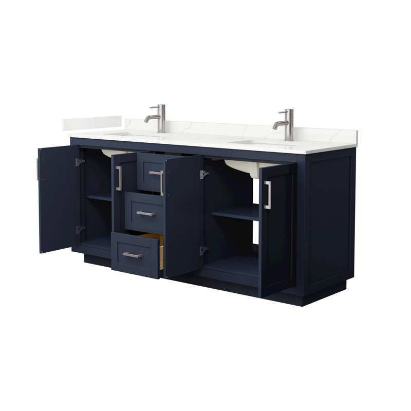 Miranda 72" Freestanding Double Bathroom Vanity with Quartz Top, Dark Blue, Giotto Quartz, Brushed Nickel