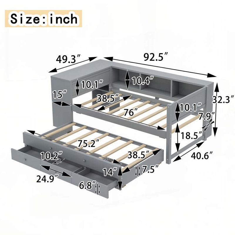 Wood Daybed with Trundle,Storage Drawers and Side Shelves, Gray, Twin
