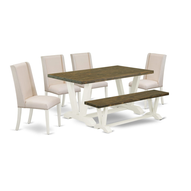Ensemble de table de salle à manger 6 pièces avec table de salle à manger Jacobean patinée et banc en bois - 4 pièces de tissu en lin crème brossé blanc Parson