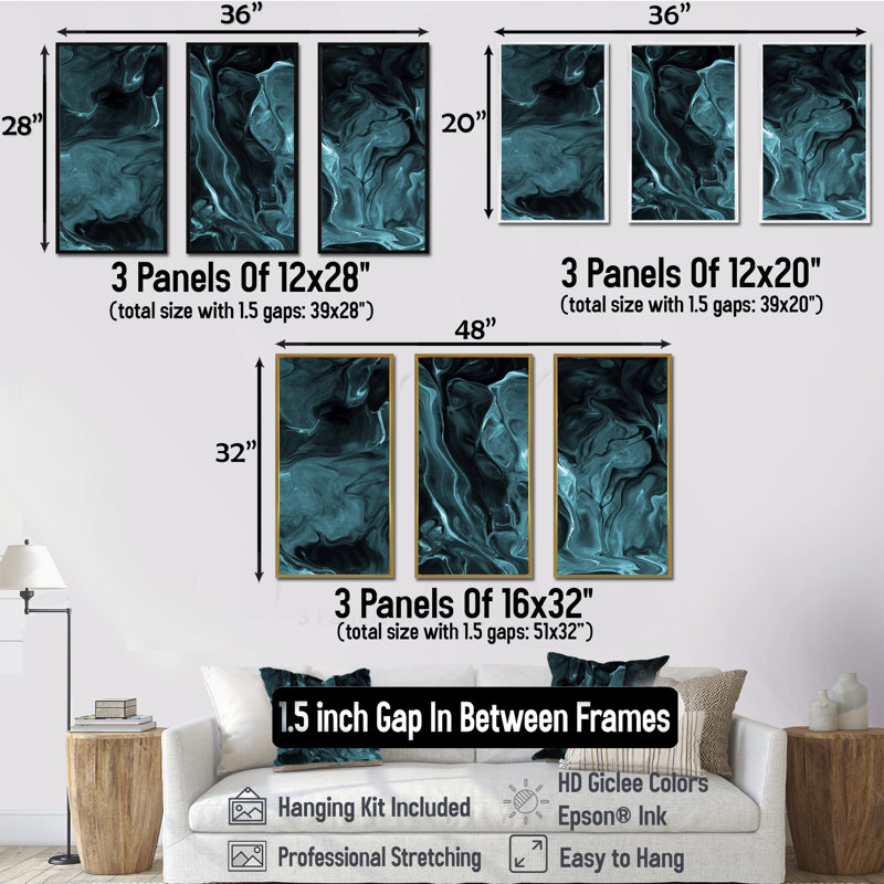 «Turquoise Creative Abstract Dark I», ensemble d'art mural sur toile moderne encadré de 3, H 20 po x l 36 po, Or