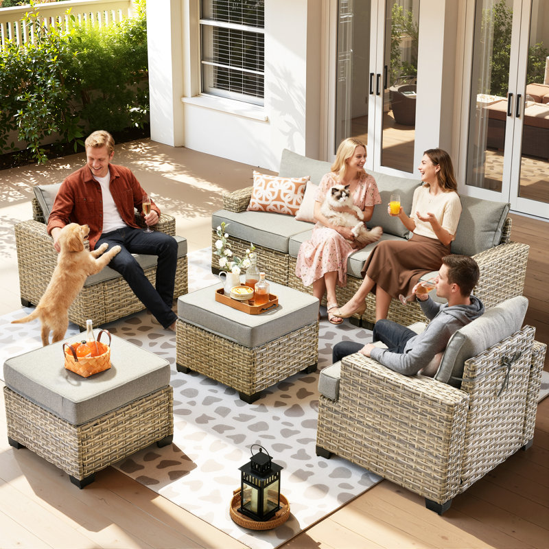 
Burcin Outdoor Furniture 7 Pieces Set With Ottoman, Gray
