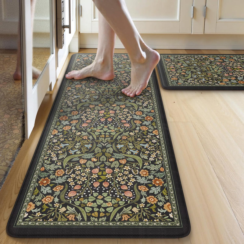 Kitchen Mats For Floor 2PCS, Cushioned Anti Fatigue Mat Non Slip Waterproof Kitchens Sink Rug, Vintage Spring Floral Rugs Comfort Standing Mat For Laundry, Desk, Bar, Office, Black