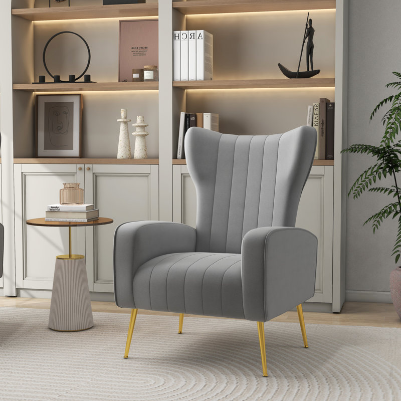 Fauteuil à oreilles en velours gris avec pattes en métal Joshy, Velours gris